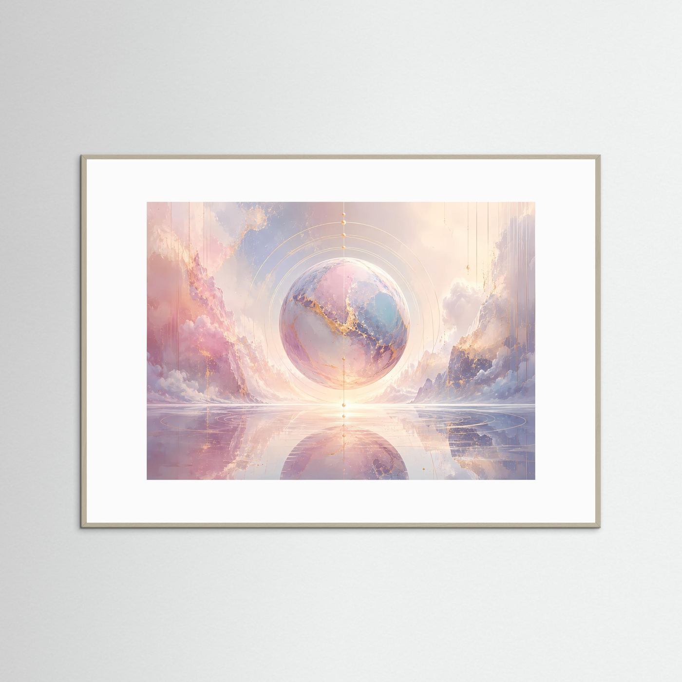 Abstrakte Sphäre Poster | Pastell Kosmos Wandbild mit Goldakzenten | Moderne Surreale Himmelskunst Querformat