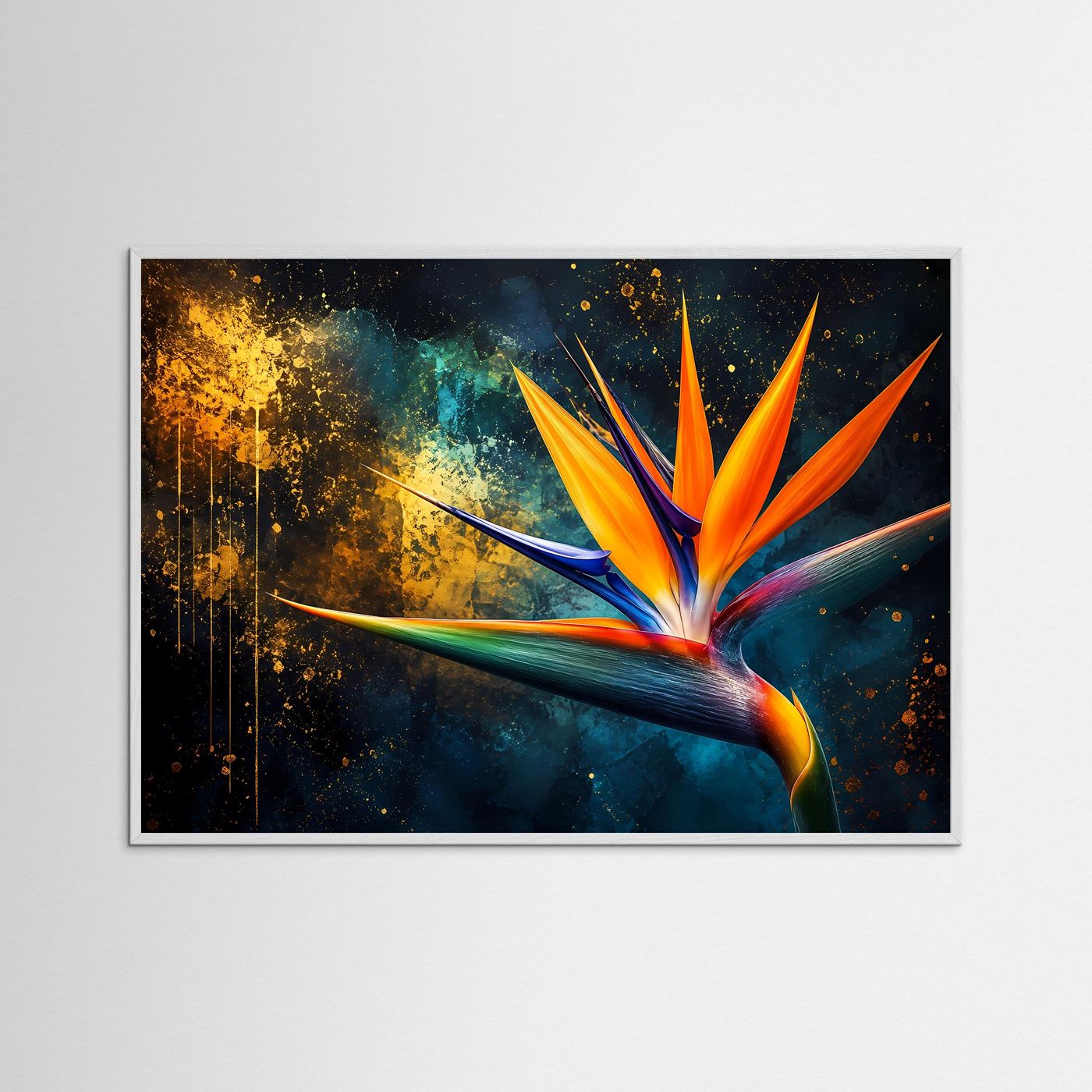 Strelitzie Poster | Paradiesvogelblume Wandbild Modern | Exotische Blume mit Gold und Dunklem Hintergrund
