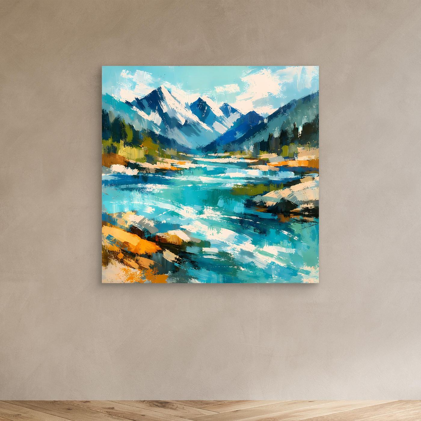 Abstraktes Leinwand-Wandbild mit Berglandschaft und Fluss, türkis, blau und orange