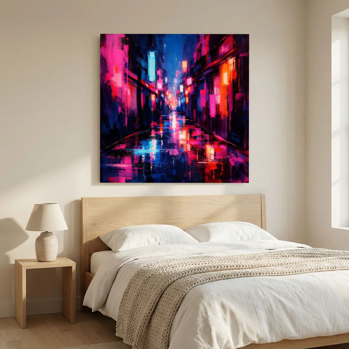 Neon-Wandbild Cyberpunk-Gasse im Regen, magenta-blau-orange, schwarzer Rahmen