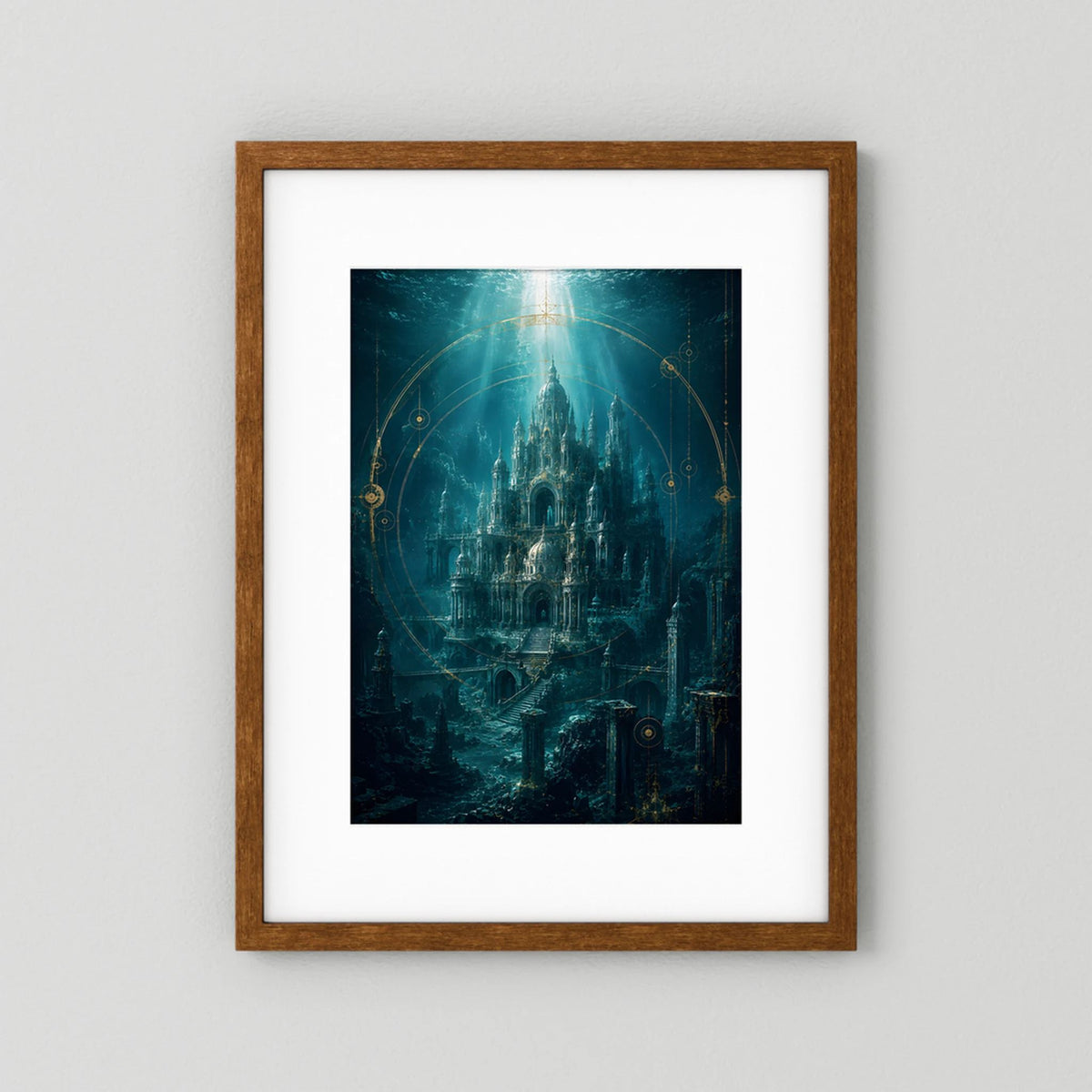 Kunstposter mit braunem Holzrahmen, Unterwasserstadt in Türkis und Gold, Hochformat