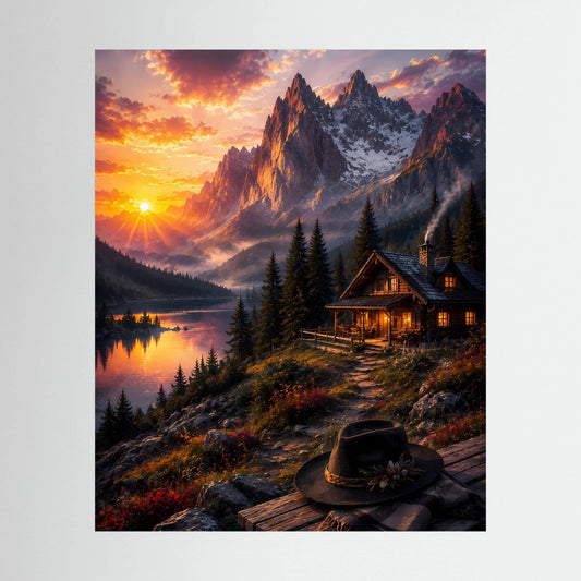 Ungef. Hochformat-Poster mit Bergsee, Sonnenuntergang und Berghütte im Abendlicht