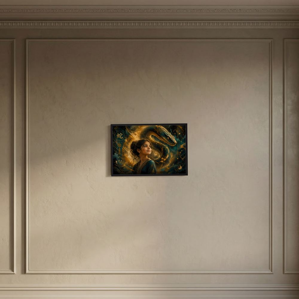 Gerahmtes Fantasy-Poster im Querformat: Frau mit grüner Schlange, Gold- und Petroltönen