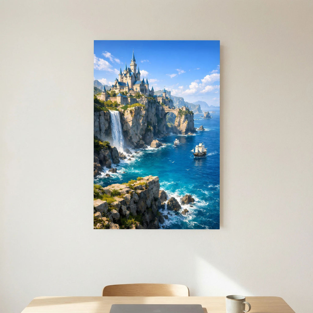 Wandposter hochkant mit blauem Rand: Schlossblick auf Küste und Schiffe im Wasser