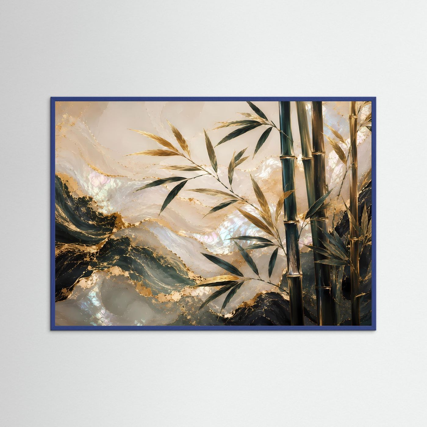 Poster im Querformat mit Bambusrohren rechts und Blättern mittig, Gold und Dunkelgrün, im blauen Rahmen