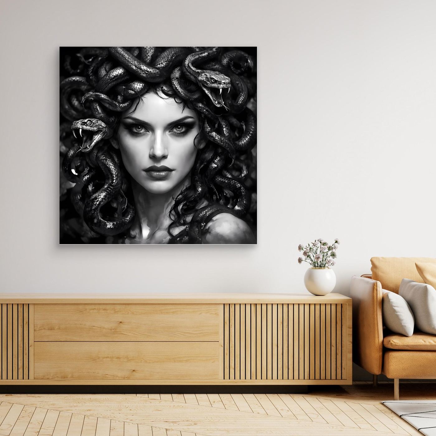 Leinwand Mystische Medusa im Schlangenkleid | Düsteres Mythologie Wandbild