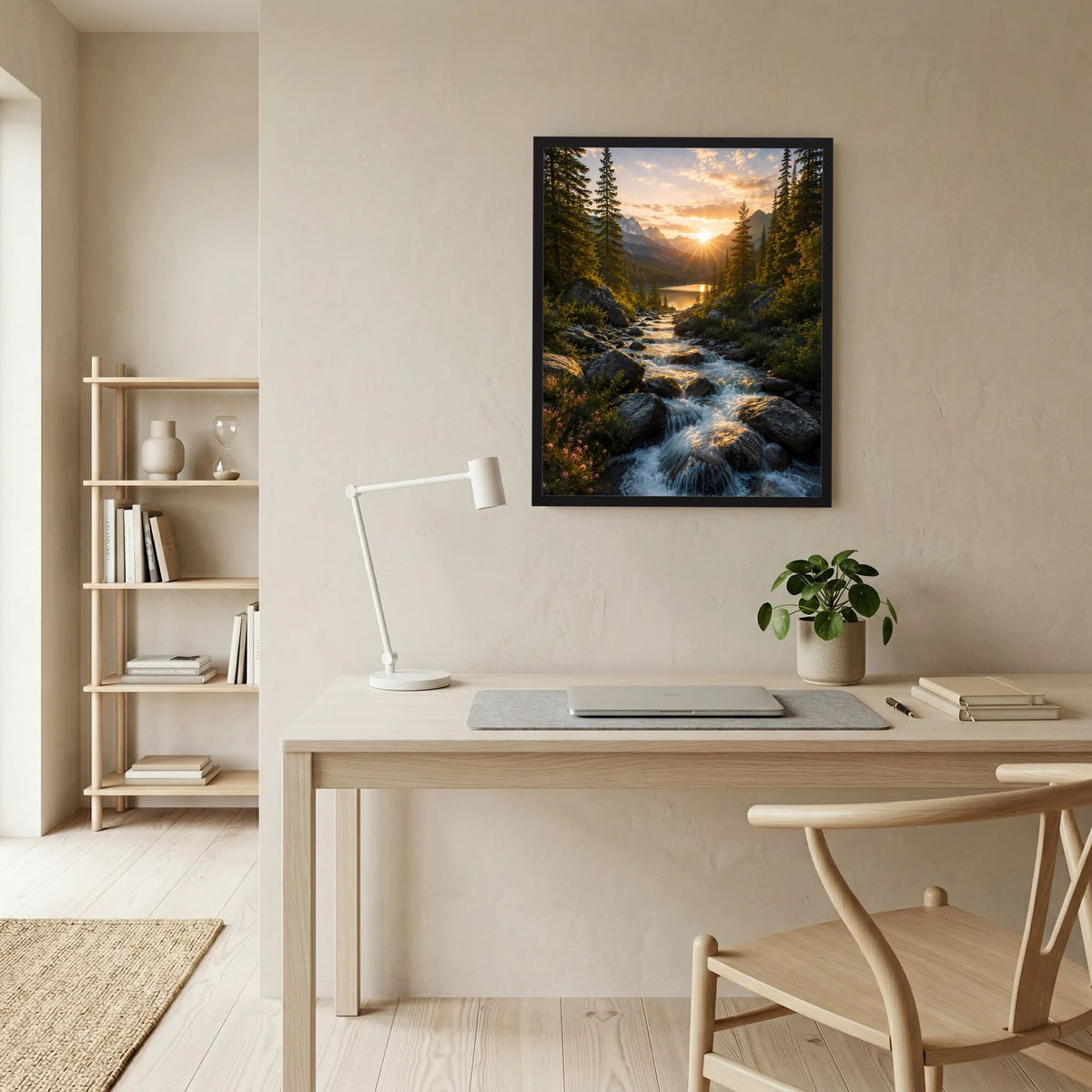 Hochformatiges Poster im schwarzen Rahmen: Bachlauf durch Felsen, Wald, Sonnenaufgang