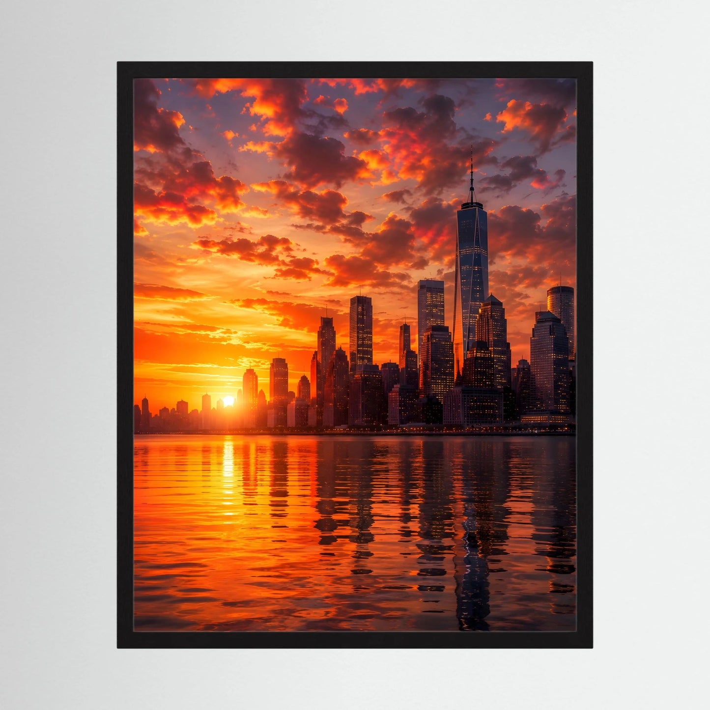 Gerahmtes Stadtposter mit schwarzem Rahmen, Skyline bei Sonnenuntergang