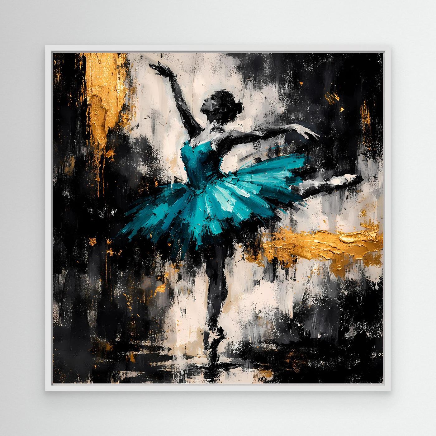 Leinwand Abstrakte Ballerina in Türkis und Gold | Modernes Ballett Wandbild mit Tanz-Motiv