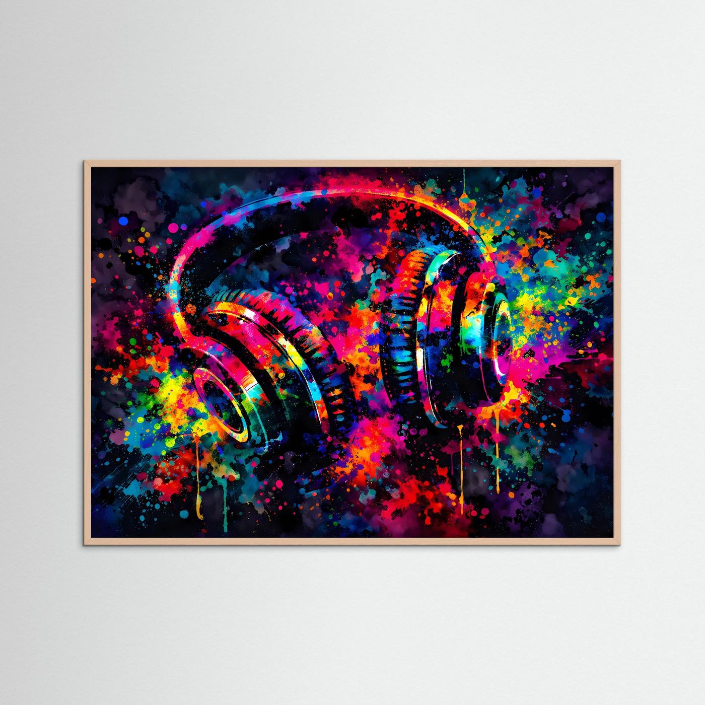 Wandbild mit bunten Kopfhörern im Pop-Art-Neonstil, Querformat, rosé Holzrahmen