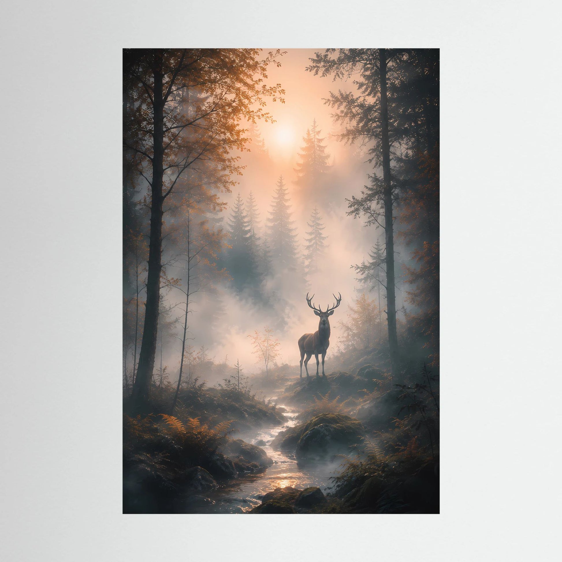 Hochformatiges Kunstposter mit Hirsch im nebligen Wald und kleinem Bachlauf