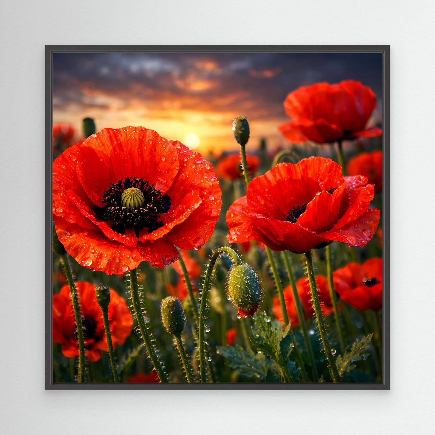Leinwandbild mit roten Klatschmohnblüten im Sonnenuntergang, mit schwarzem Rahmen