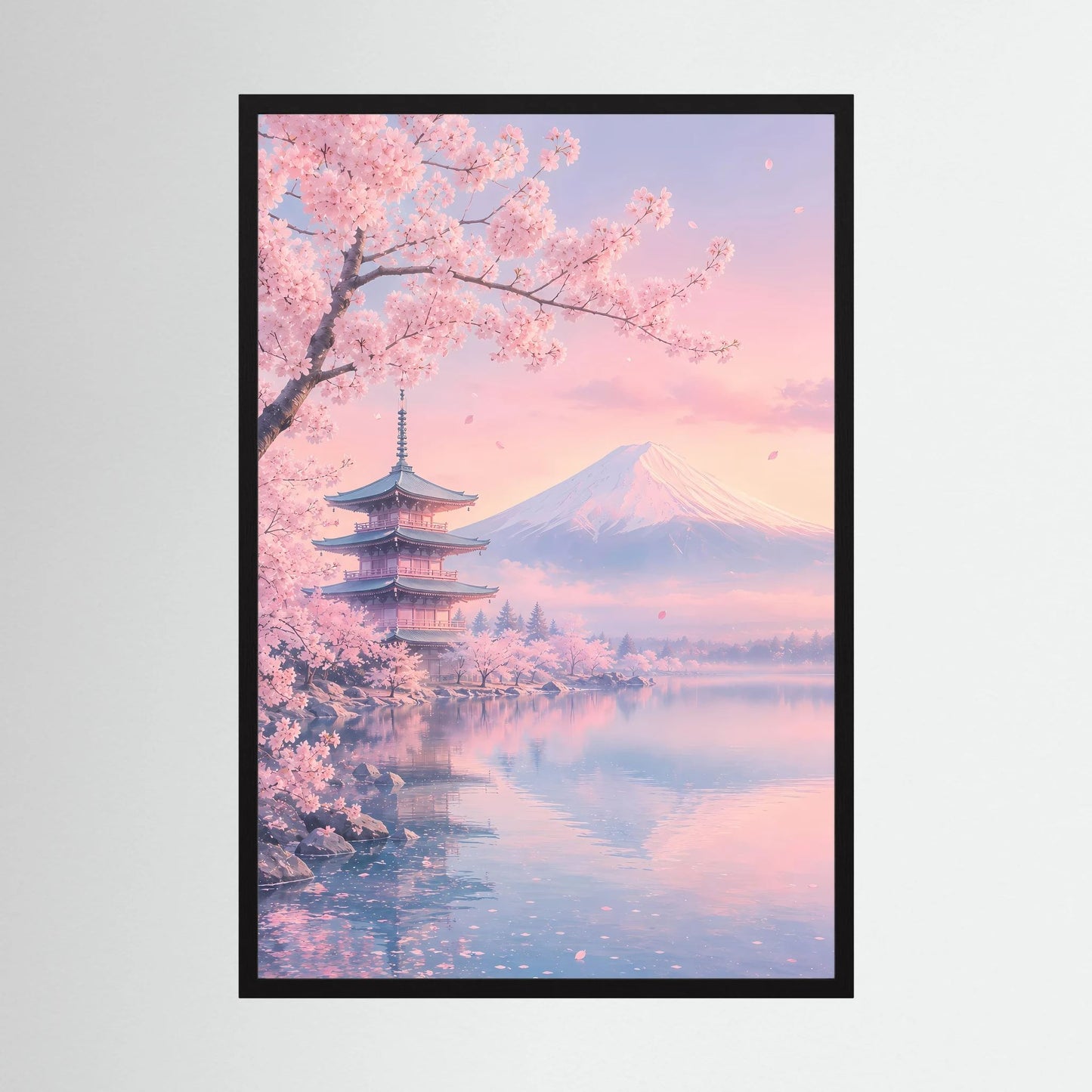 Schwarz gerahmtes Hochformat-Poster mit Kirschblüten, Pagode, Berg und Spiegelung im Wasser