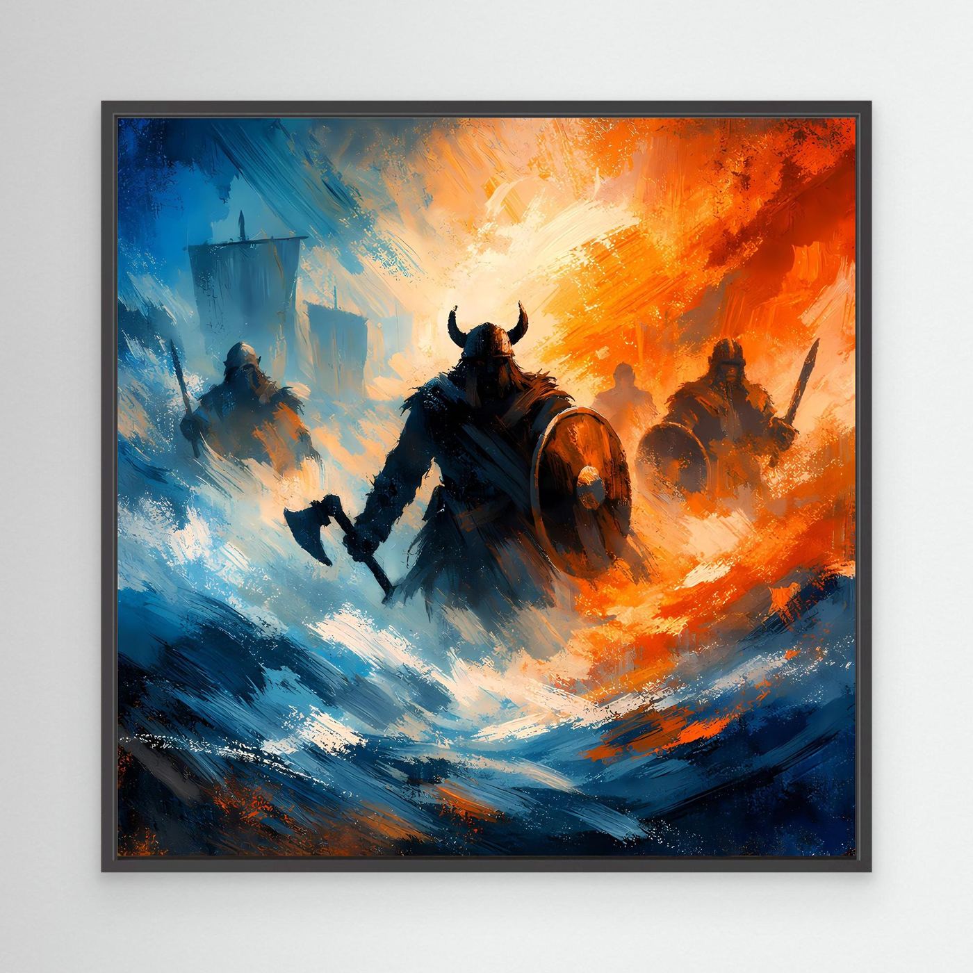 Wandbild auf Leinwand mit schwarzem Rahmen: Wikinger-Krieger im Angriff, blau-orange abstrakte Szene
