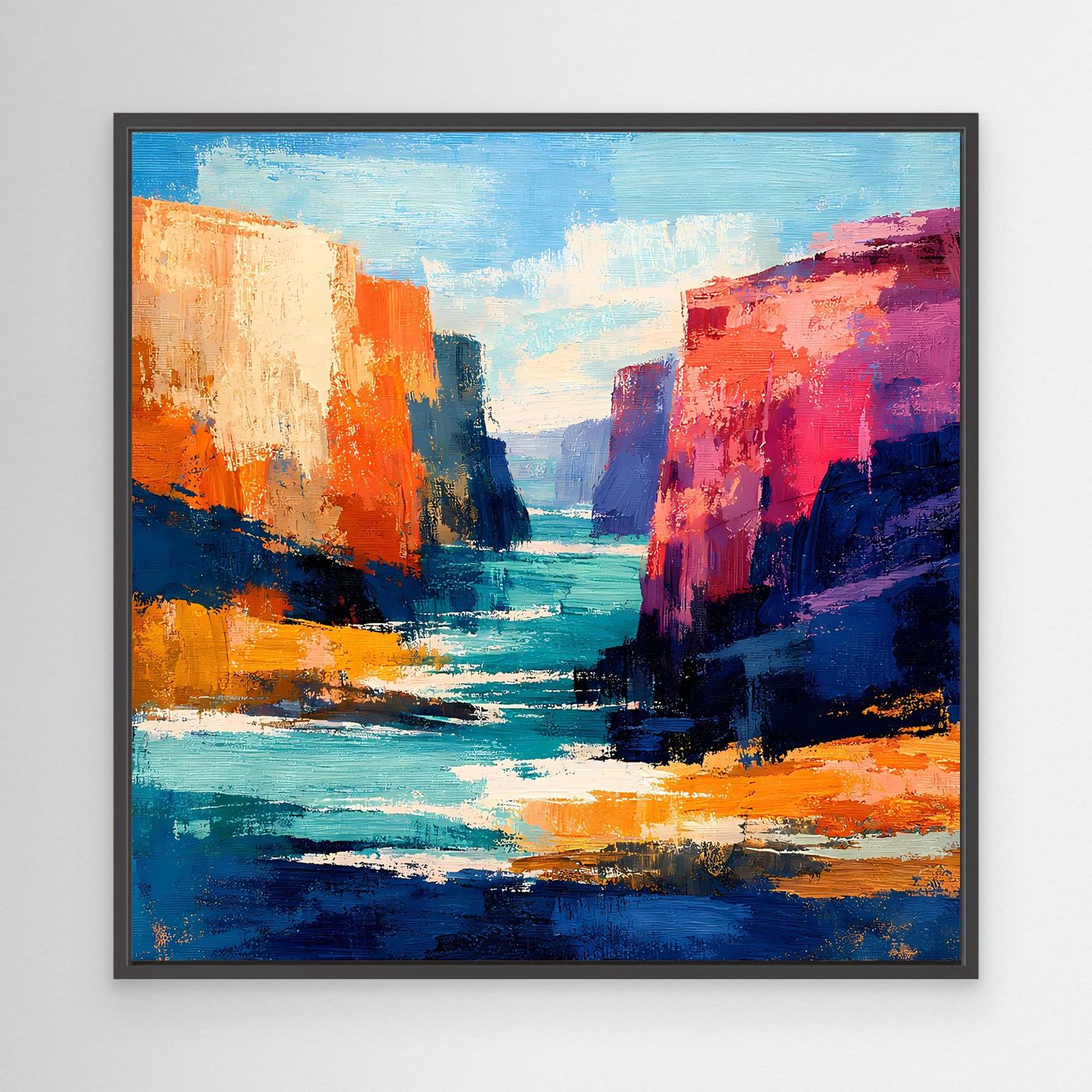Abstraktes Leinwandbild mit Fluss und farbigen Felswänden, schwarzer Rahmen