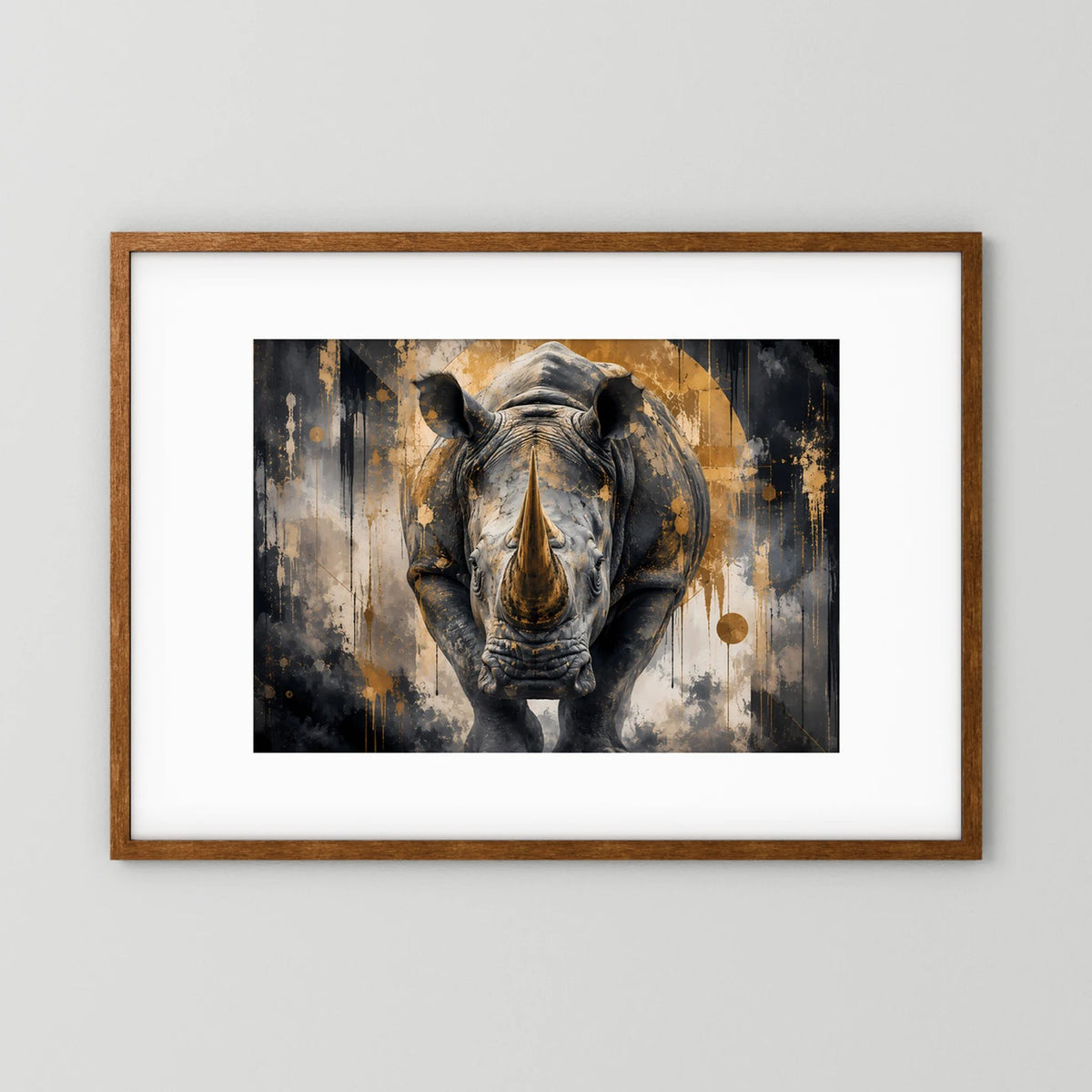 Abstraktes Nashorn-Poster im Holzrahmen, Schwarz-Gold Grafik im Querformat