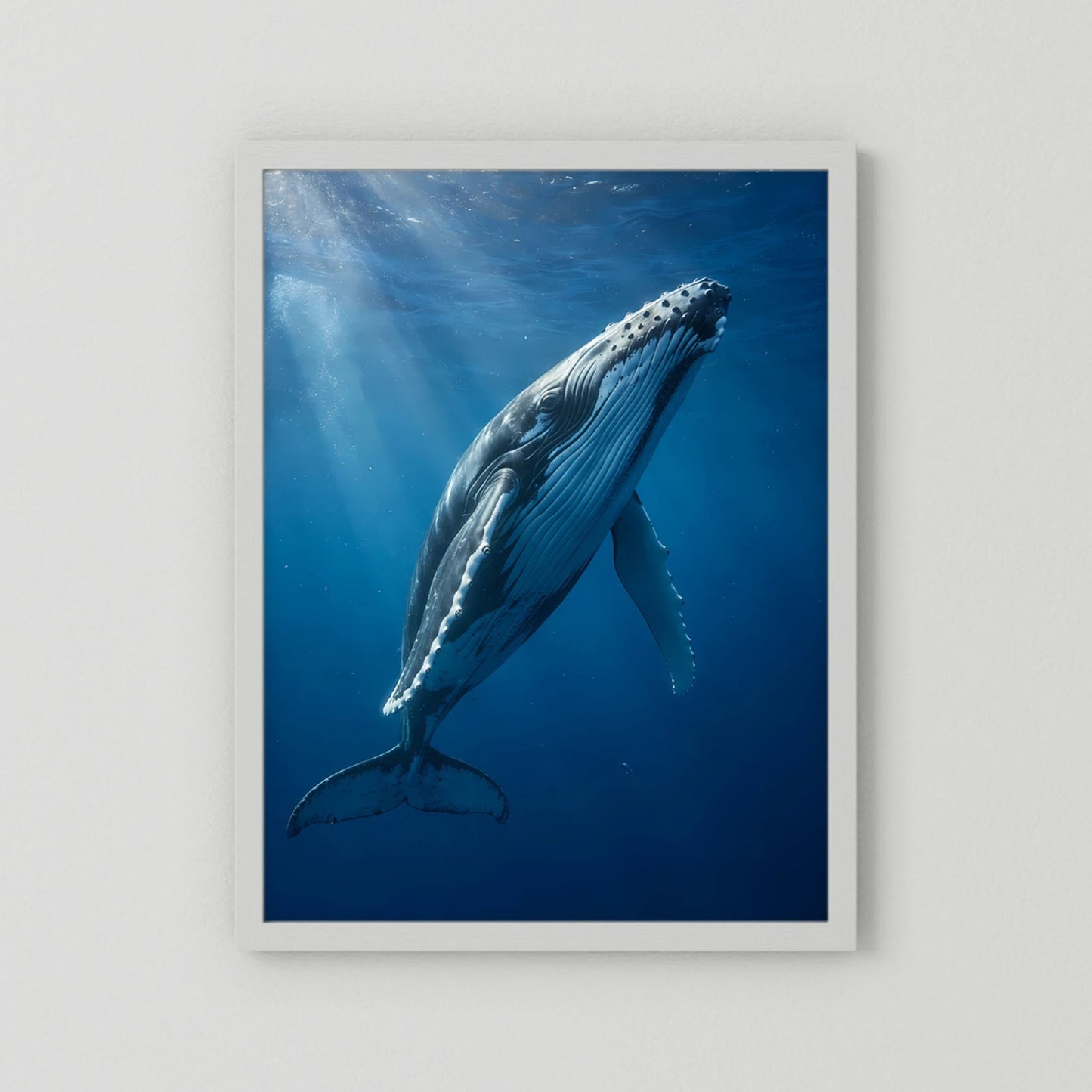 Poster mit Buckelwal unter Wasser, blauer Farbverlauf, Hochformat, weißer Rahmen