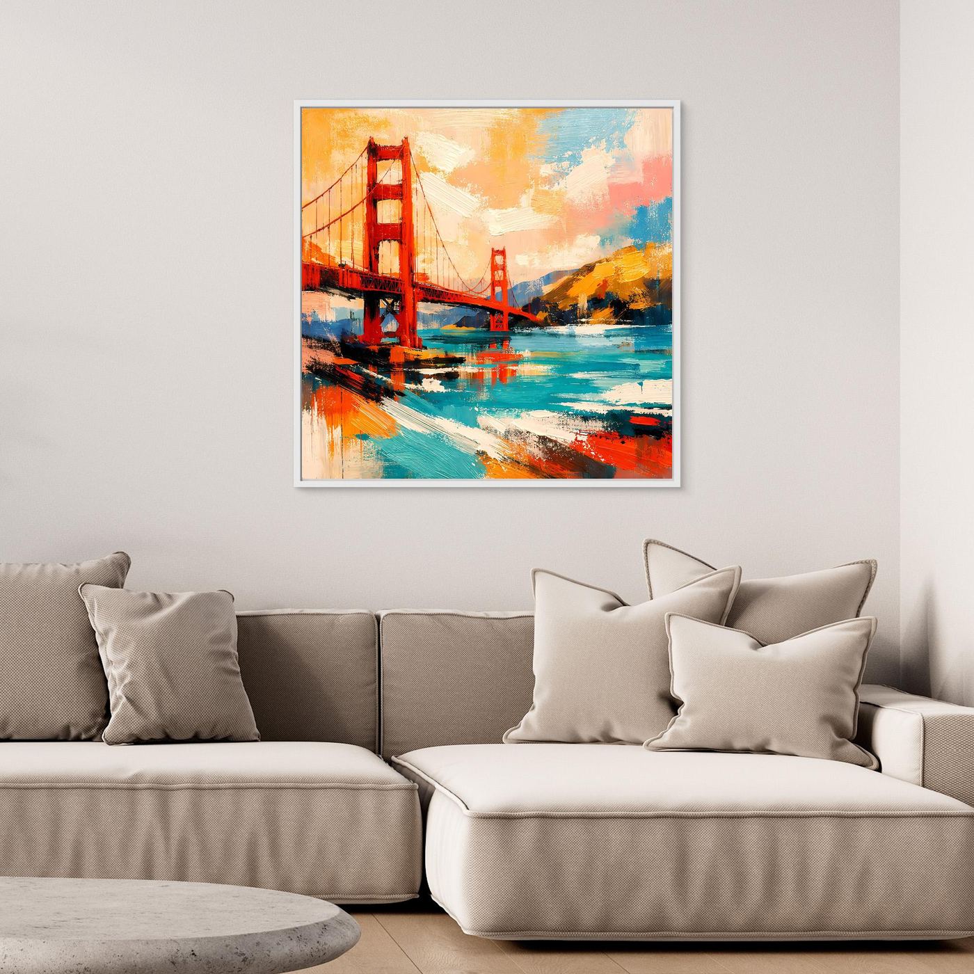 Framed canvas wall art with white frame, abstract Golden Gate Bridge in blue, red, and orange
