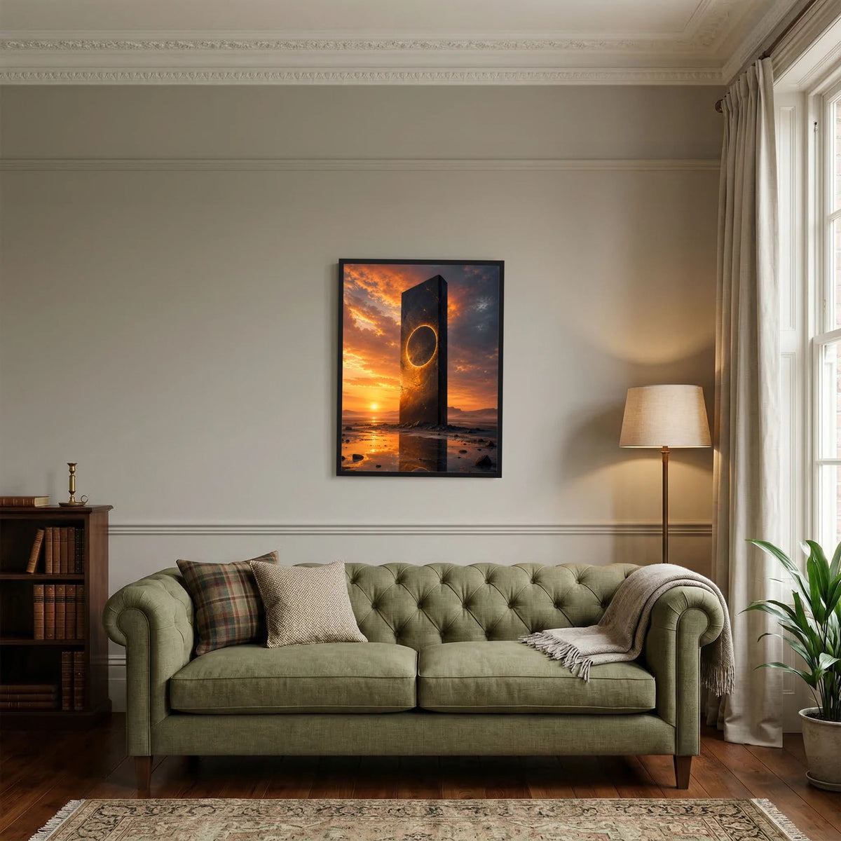 Hochformatiges Poster mit schwarzem Monolithen und goldener Kreisöffnung über dem Meer bei Sonnenuntergang
