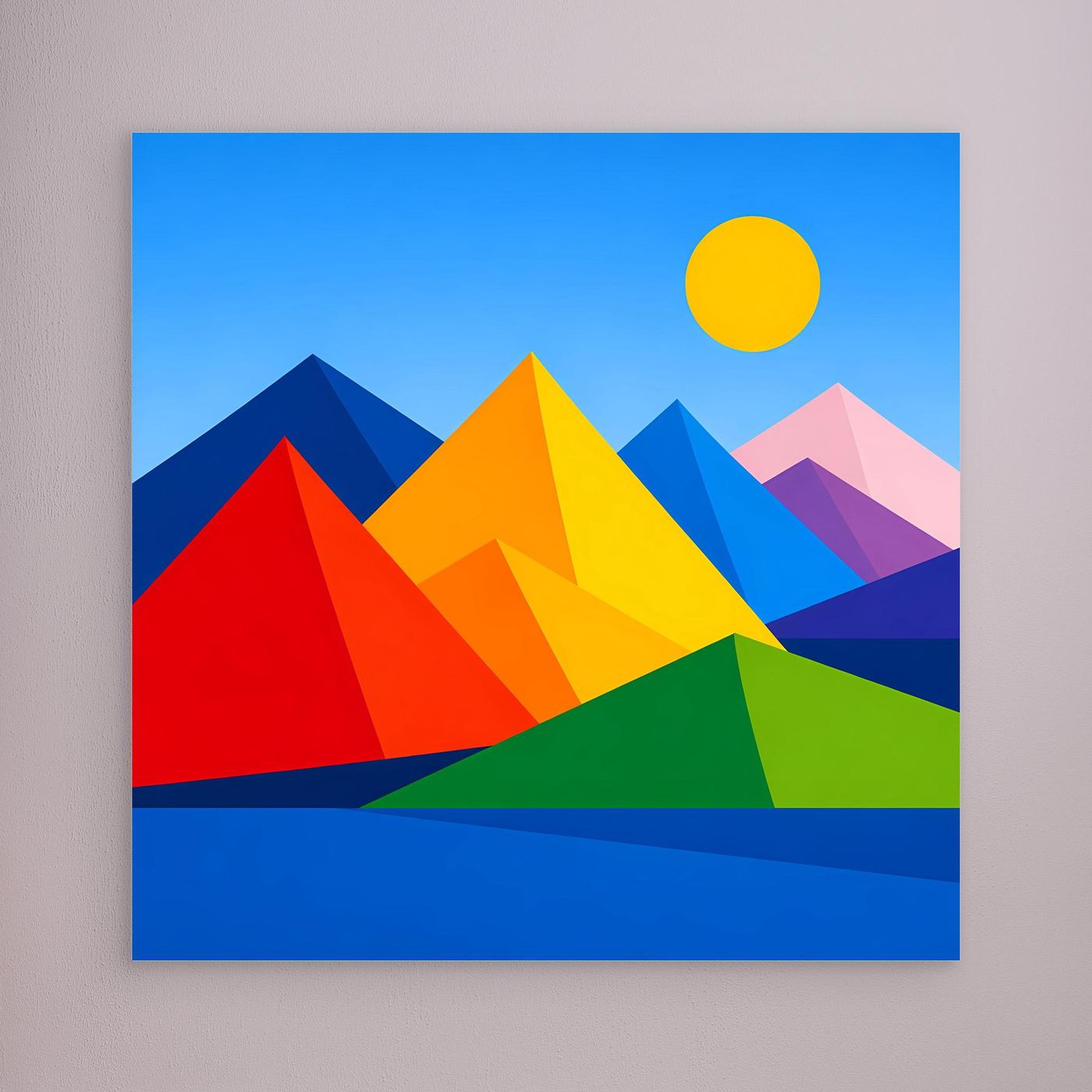 Leinwandbild mit geometrischer Berglandschaft und gelber Sonne, farbige Dreiecke.