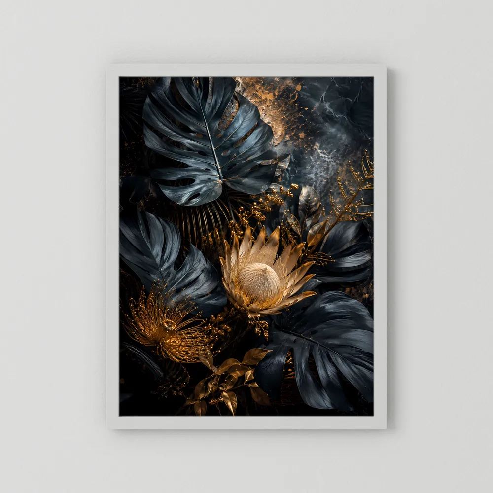 Kunstposter im Hochformat mit weißem Rahmen und schwarzen Blättern, goldene Partien