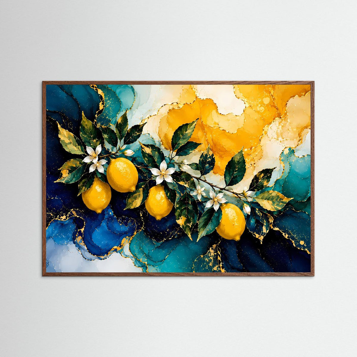 Abstraktes Zitronenzweig-Poster im Querformat mit hellem Holzrahmen: gelbe Früchte, weiße Blüten.