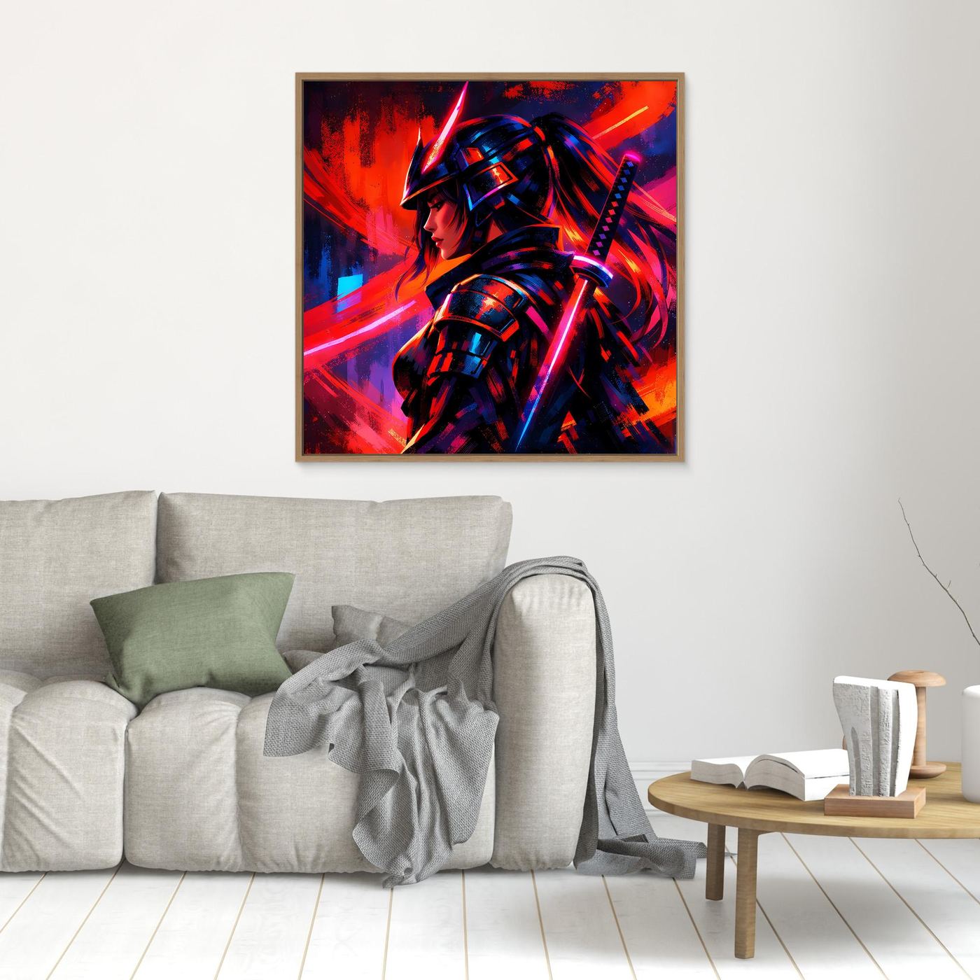 Leinwandbild mit hellem Holzrahmen: Samurai-Kriegerin im Neon-Look, kräftige Kontraste.