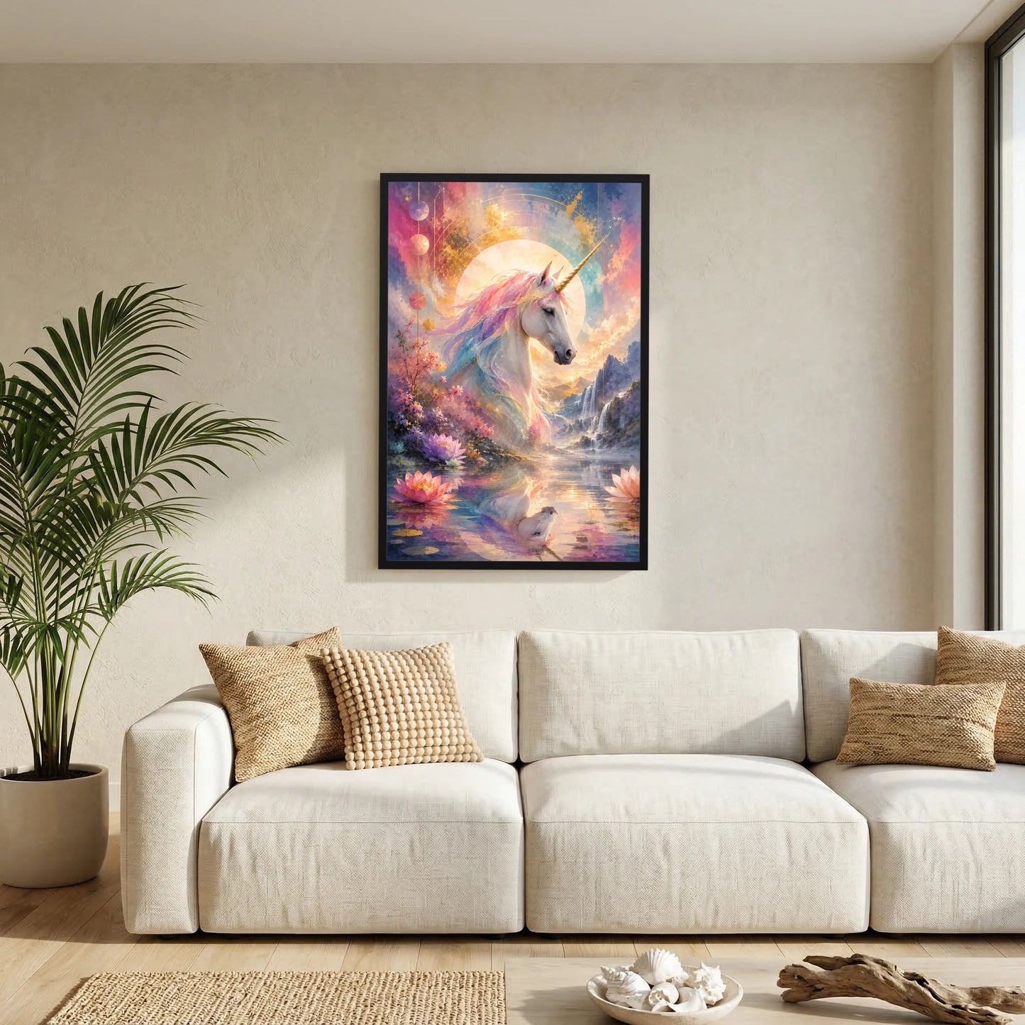 Gerahmtes Fantasy-Einhorn-Poster im Pastellstil mit Seespiegelung und Lotusblüten, schwarzer Rahmen