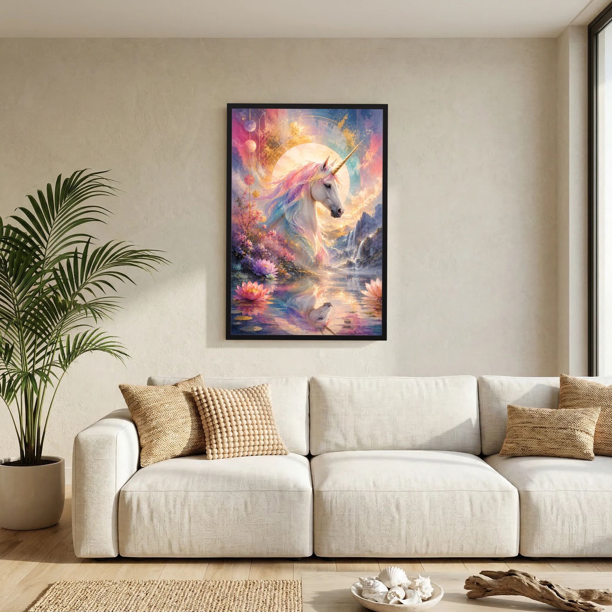 Gerahmtes Fantasy-Einhorn-Poster im Pastellstil mit Seespiegelung und Lotusblüten, schwarzer Rahmen