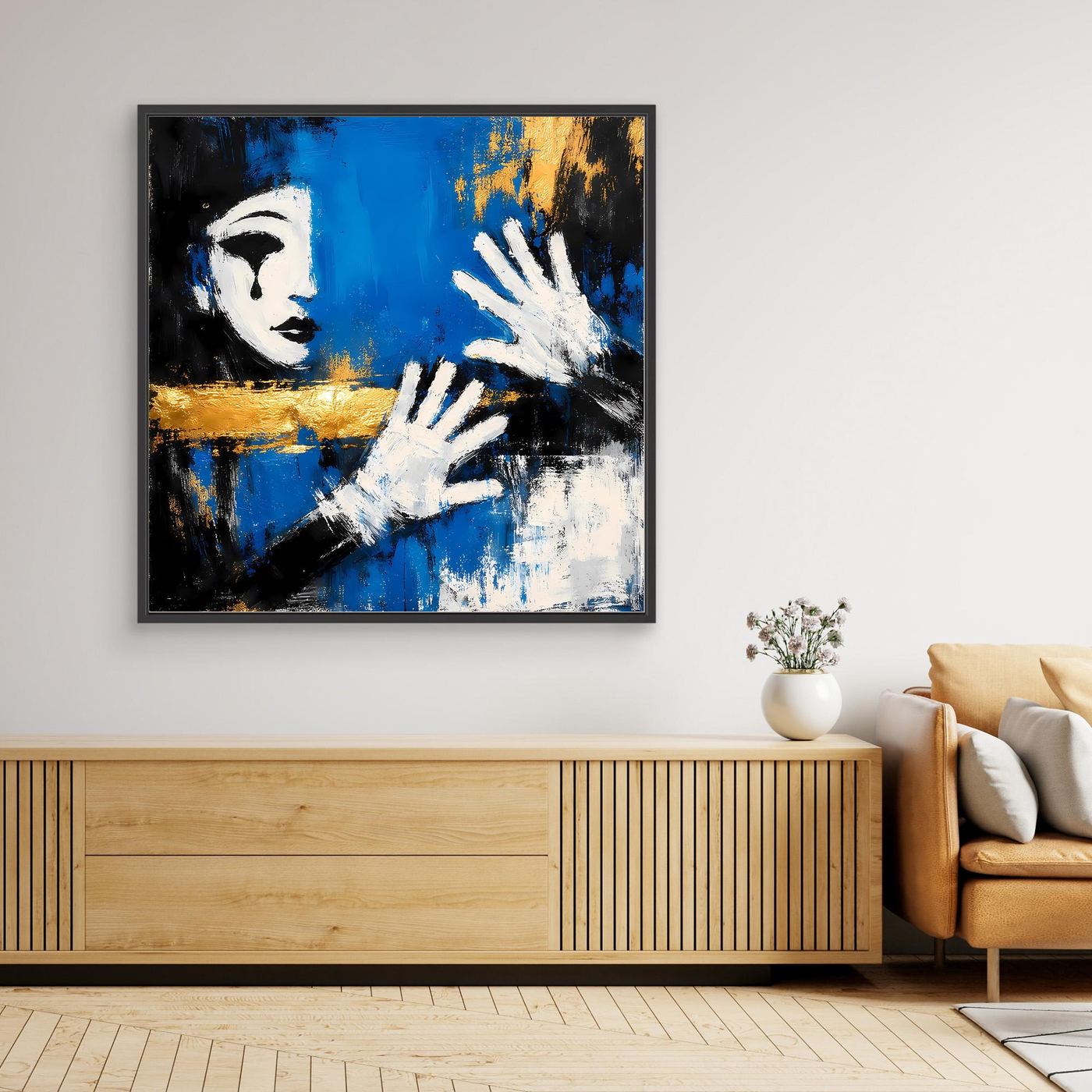 Leinwand Melancholischer Mime in Blau | Abstraktes Pierrot Wandbild Gold