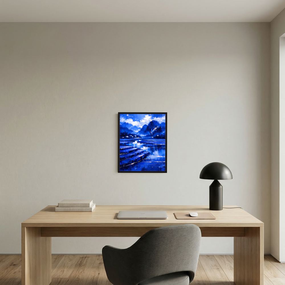 Abstraktes Poster im dunklen Rahmen mit blauem Bergsee und Lichtreflexen