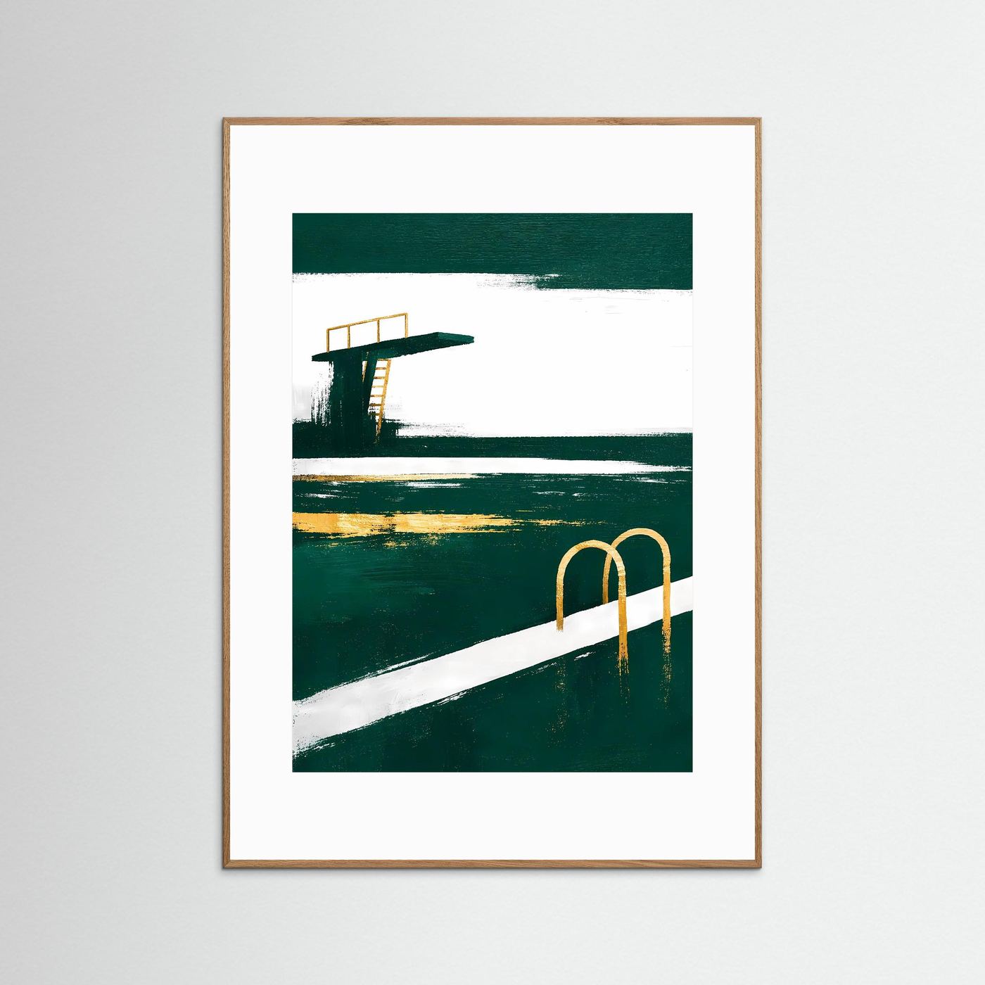 Gerahmtes Hochformat-Poster mit grünem Pool, weißer Fläche und goldener Badeleiter, naturbrauner Rahmen