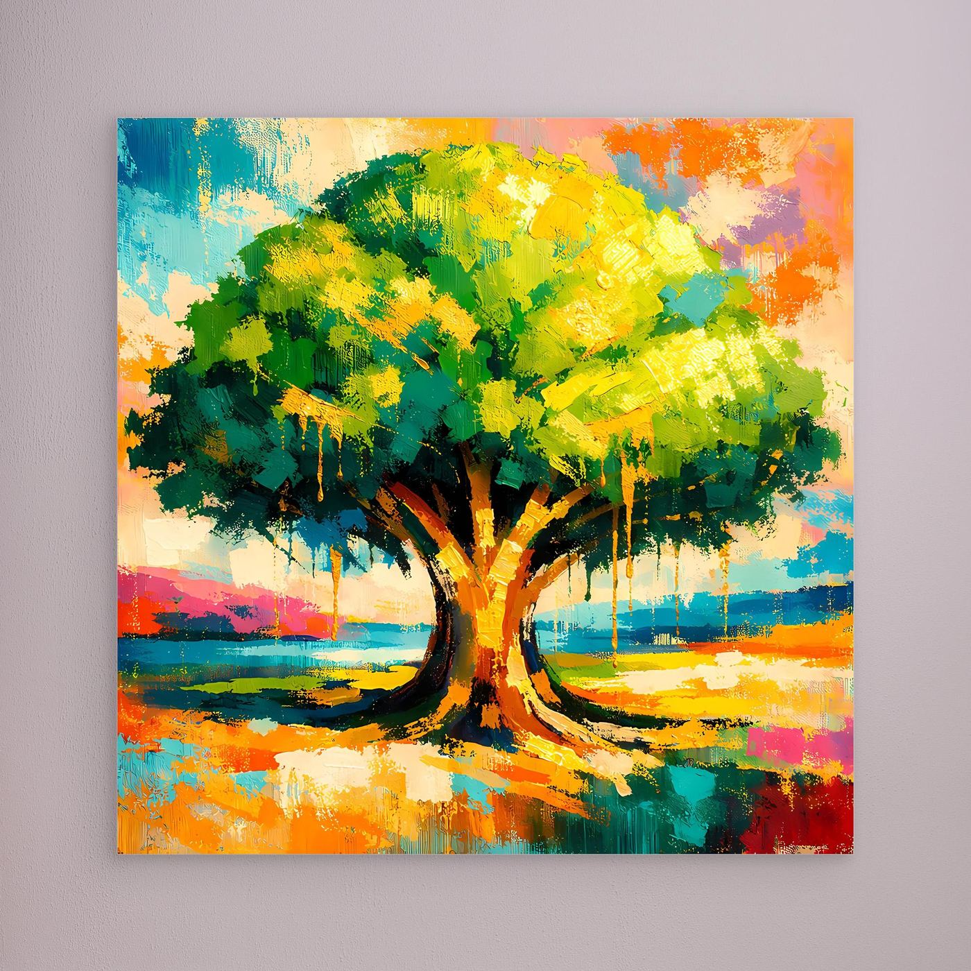 Leinwandbild mit abstraktem Baum im Farbverlauf, ohne sichtbaren Rahmen