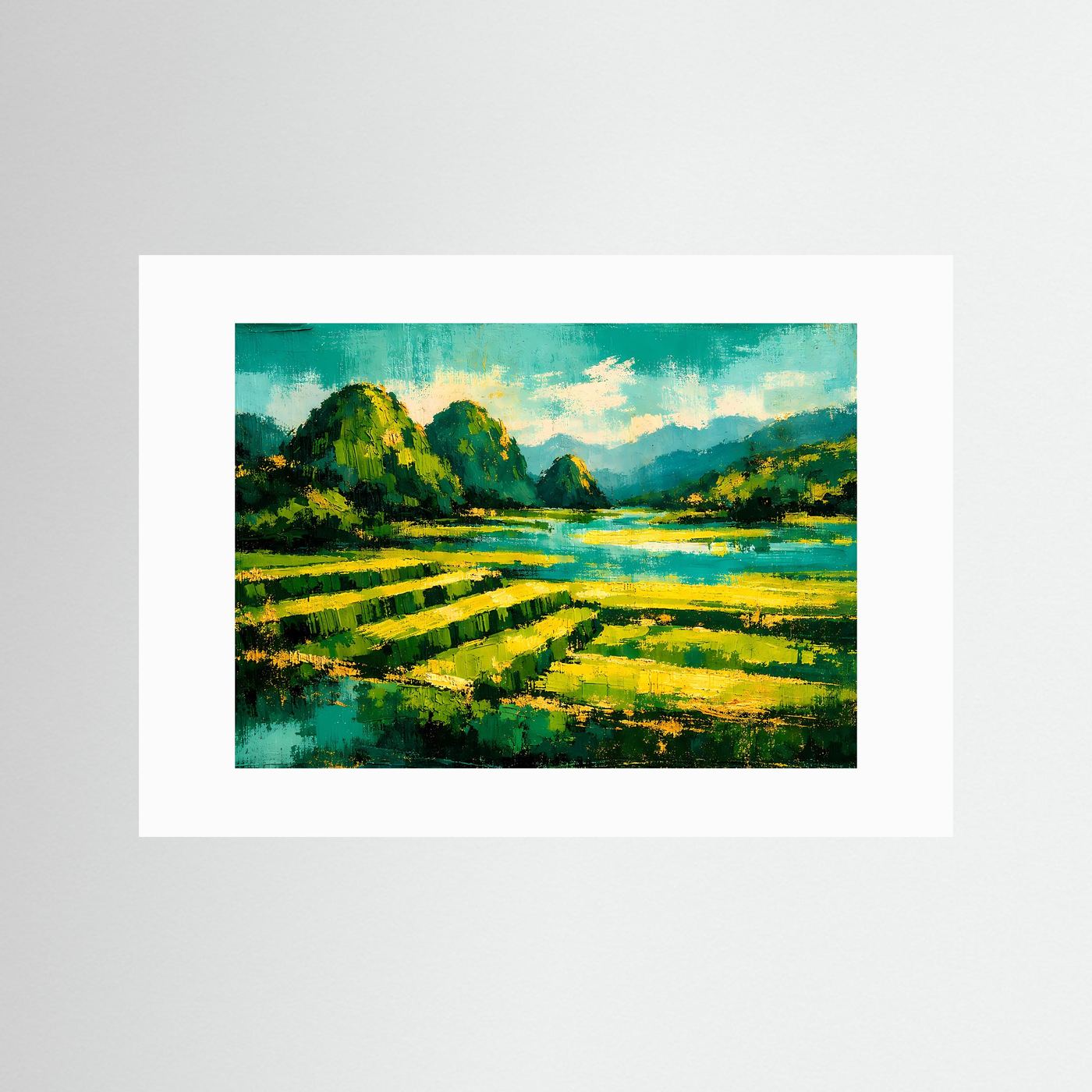 Textur-Naturposter im Querformat mit weißem Rand: Reisterrassen, Fluss, grüne Hügel.