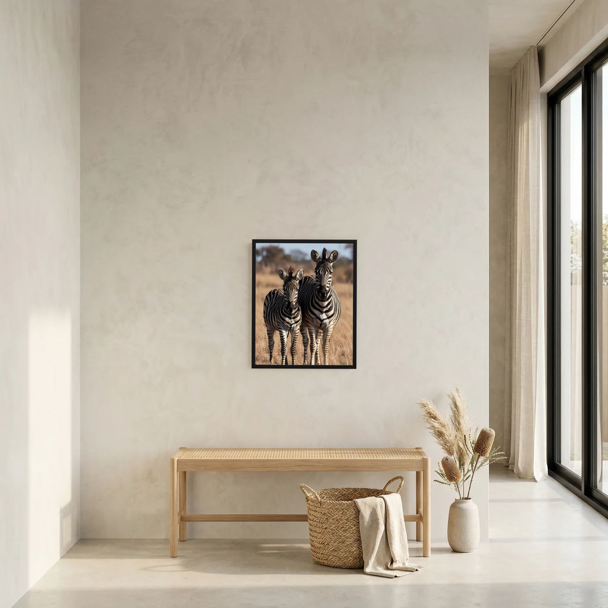 Gerahmtes Poster im Hochformat mit zwei Zebras, Muttertier und Jungtier