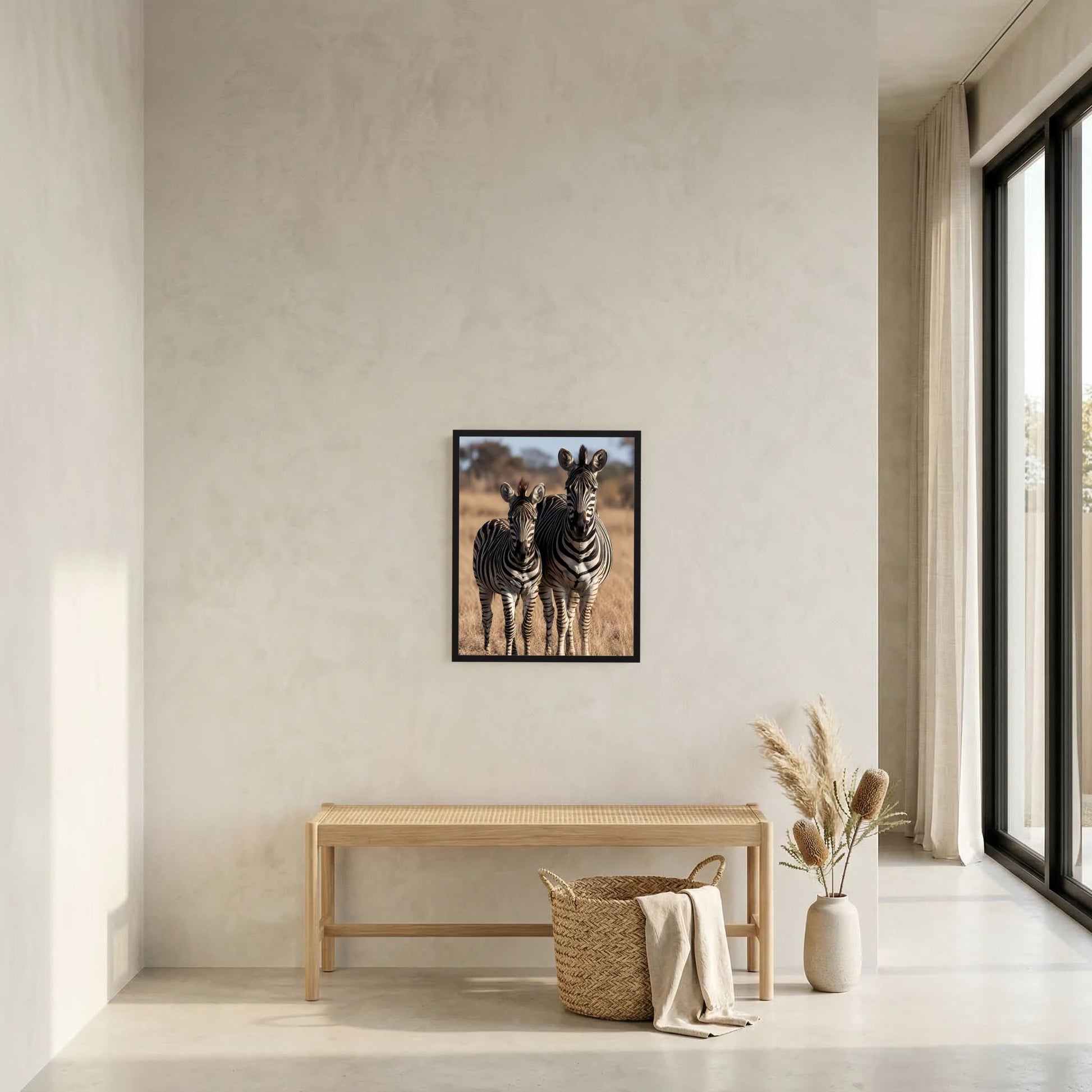Gerahmtes Poster im Hochformat mit zwei Zebras, Muttertier und Jungtier