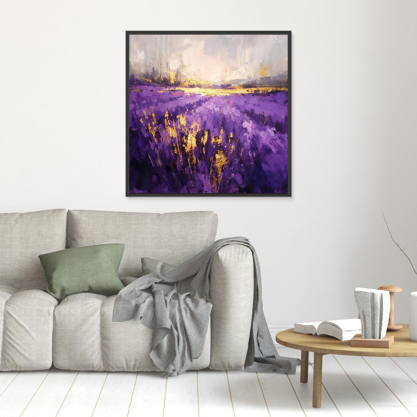 Leinwandbild Lavendelfeld abstrakt in Violett mit goldenen Akzenten, schwarzer Rahmen, klein