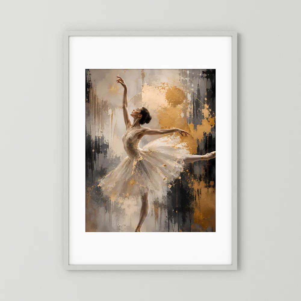 Poster mit Ballerina in Creme und Gold, weißer Rand und silbergrauer Rahmen