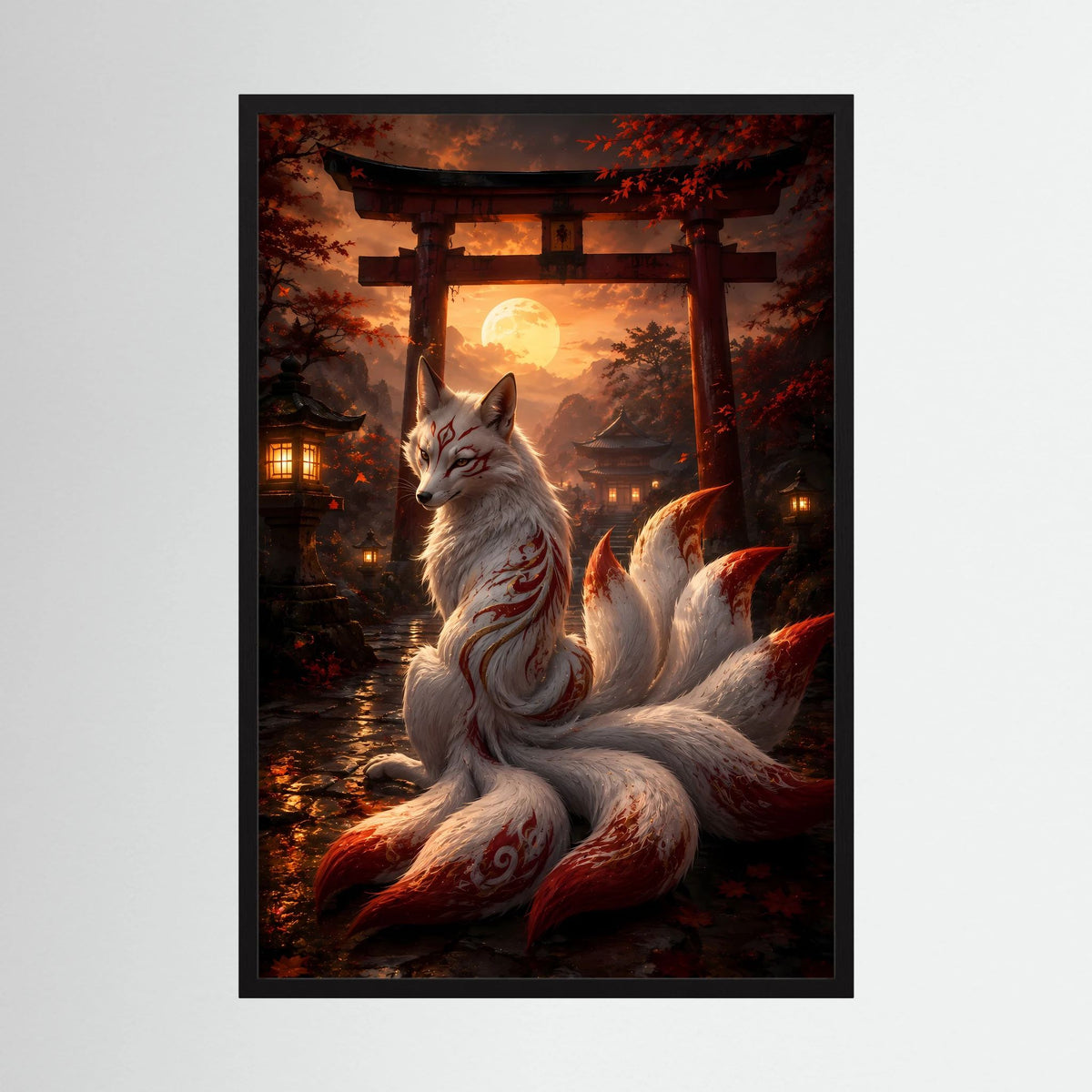 Poster im schwarzen Rahmen: weiß-grauer Kitsune-Fuchs mit neun Schweifen