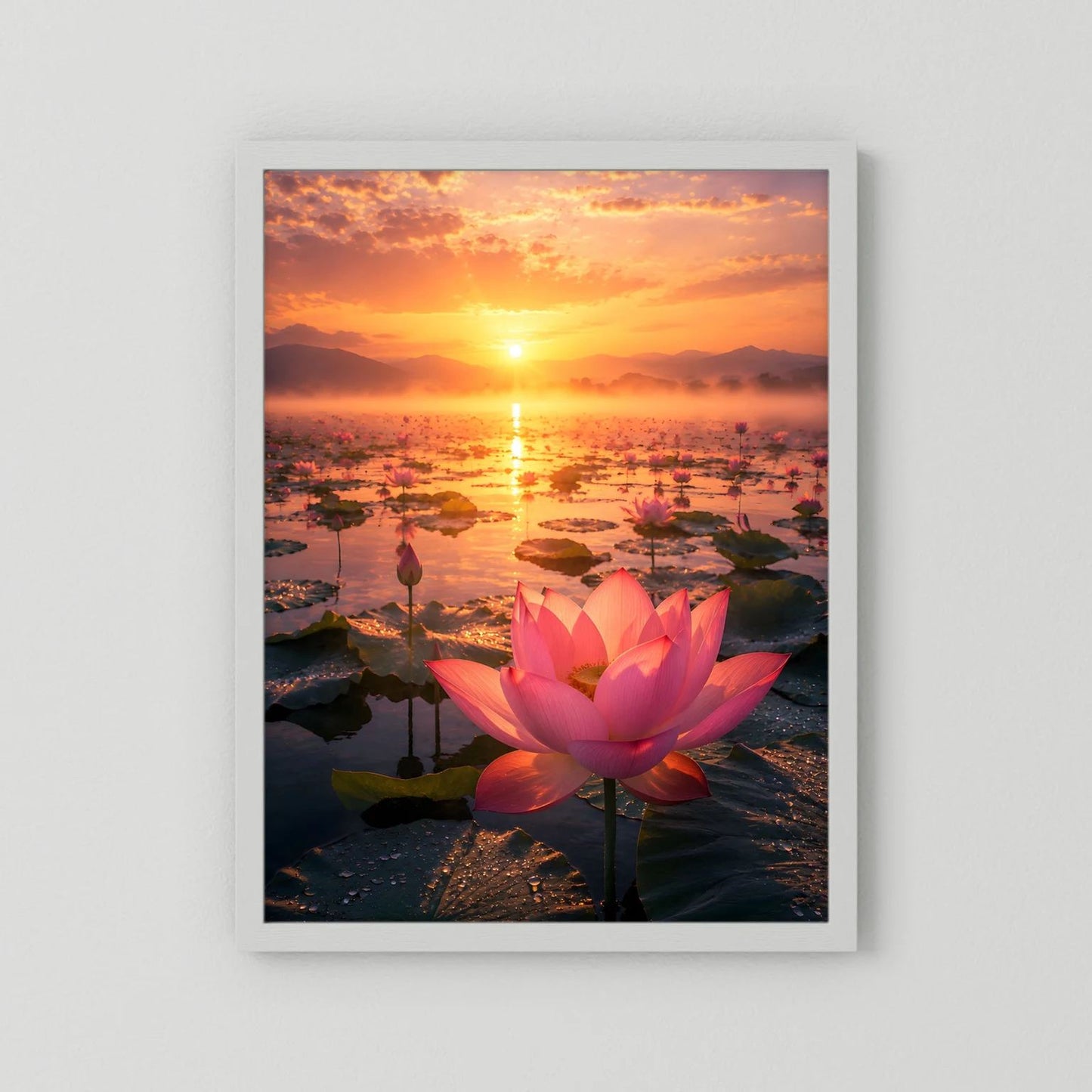 Hochformatiges Poster mit rosa Lotusblüte bei Sonnenuntergang, weißer Rahmen