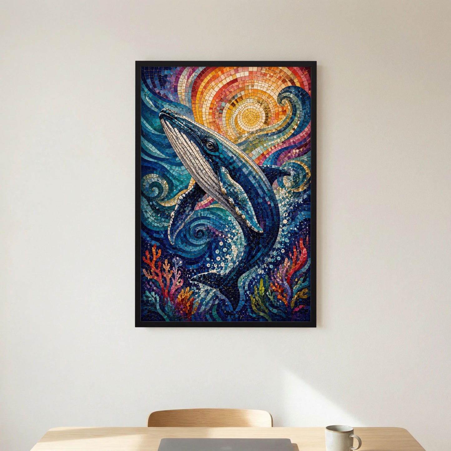 Poster im schwarzen Rahmen mit Delfin-Mosaik, bunten Korallen und Wasserwellen
