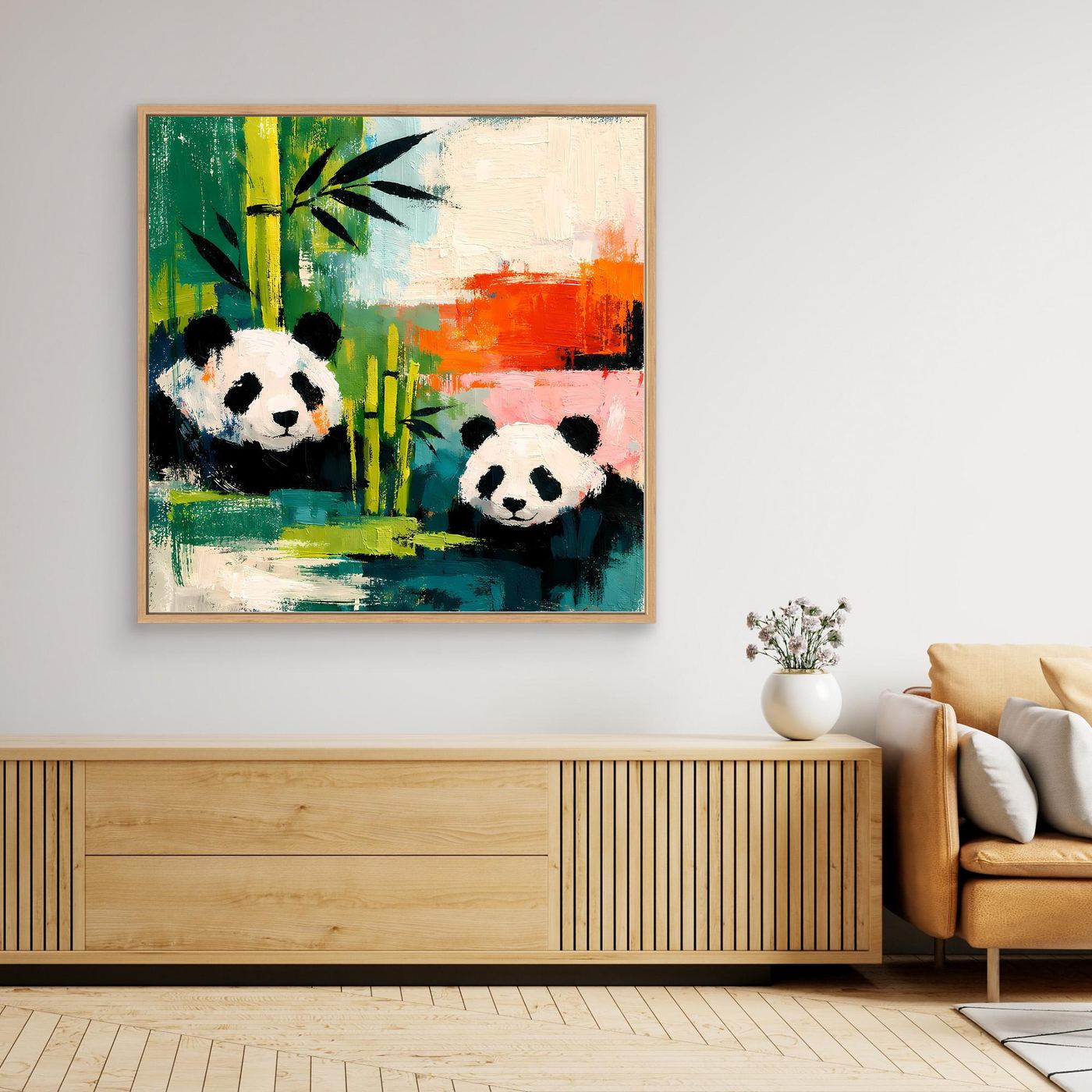 Abstract panda wall art with two pandas in bamboo, oak wood frame.