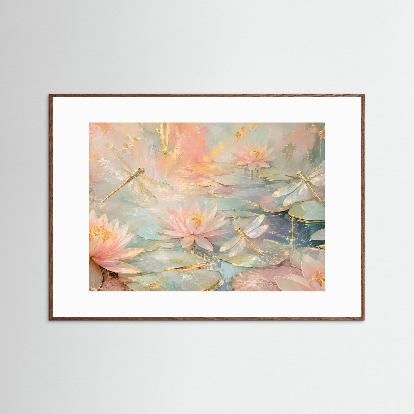 Pastell-Wandbild mit Seerosen, Libellen und Lotusblüten im Teich, in braunem Rahmen