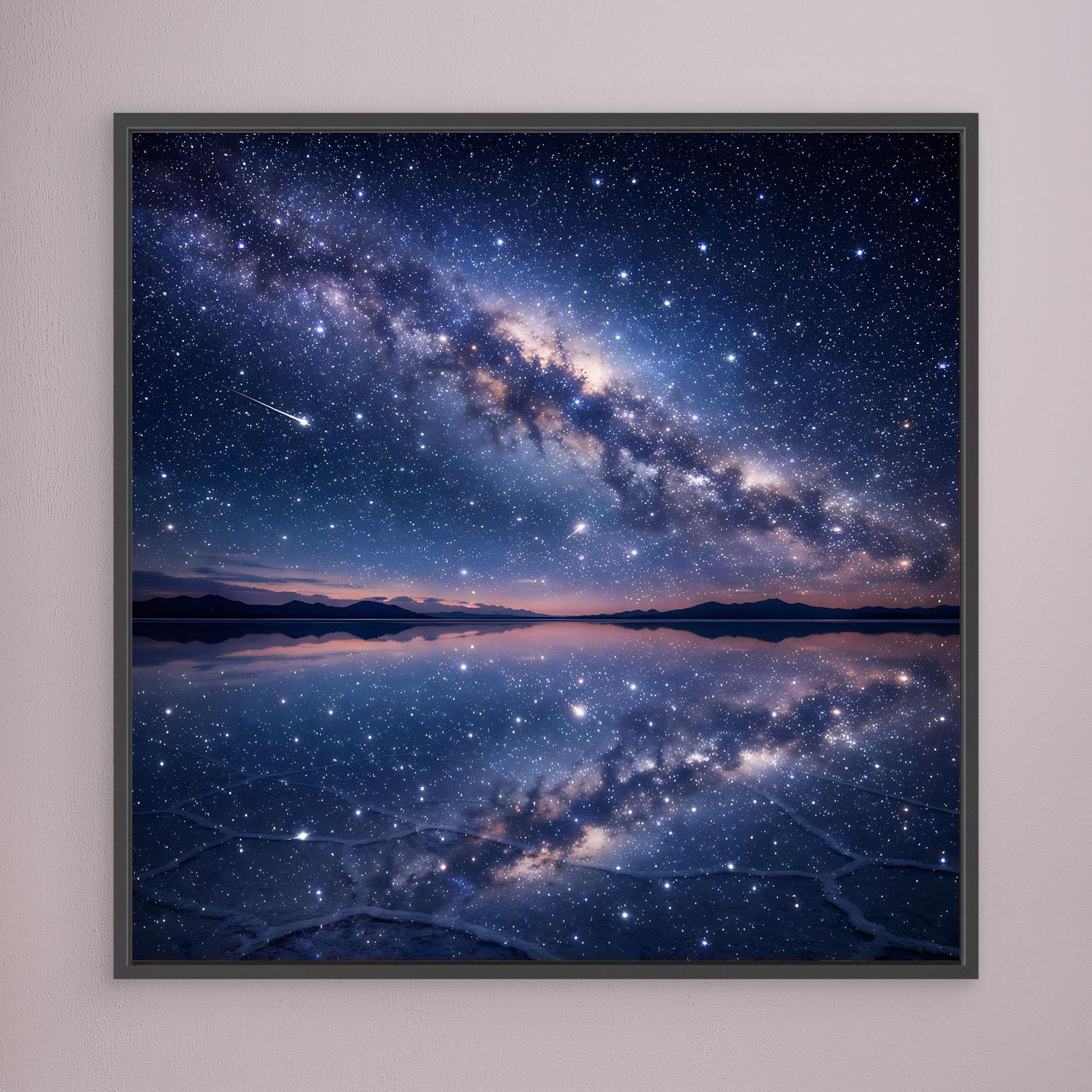 Leinwandbild Milchstraße Spiegelung, dunkles Galaxienmotiv im schwarzen Rahmen (Nahansicht)