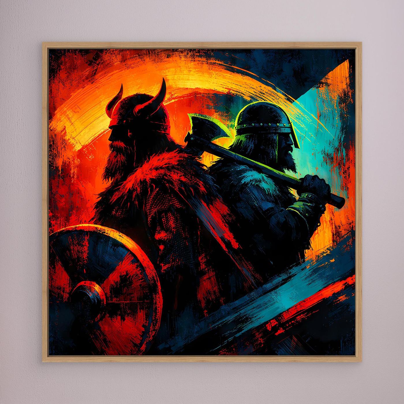 Gerahmtes Leinwandbild: Wikingerkrieger mit Helm und Axt, Holzrahmen, Rot-Blau-Grafik