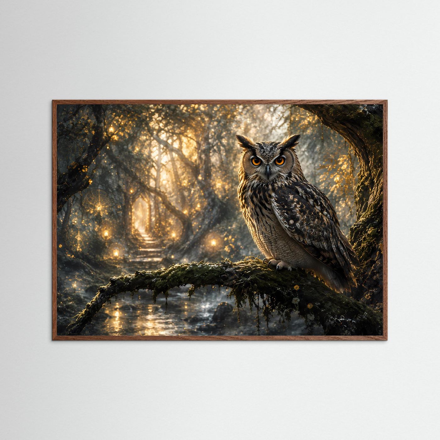 Poster mit Eule im Wald auf moosigem Ast am Wasser, goldene Lichtstimmung, brauner Rahmen