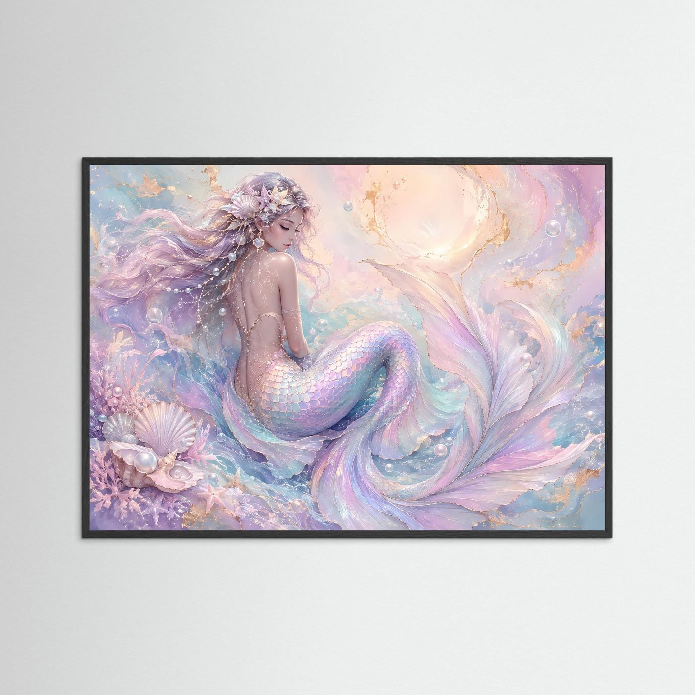 Meerjungfrau Poster Querformat | Pastell Fantasy Meerjungfrau Wandbild | Elegante Ozean Kunst