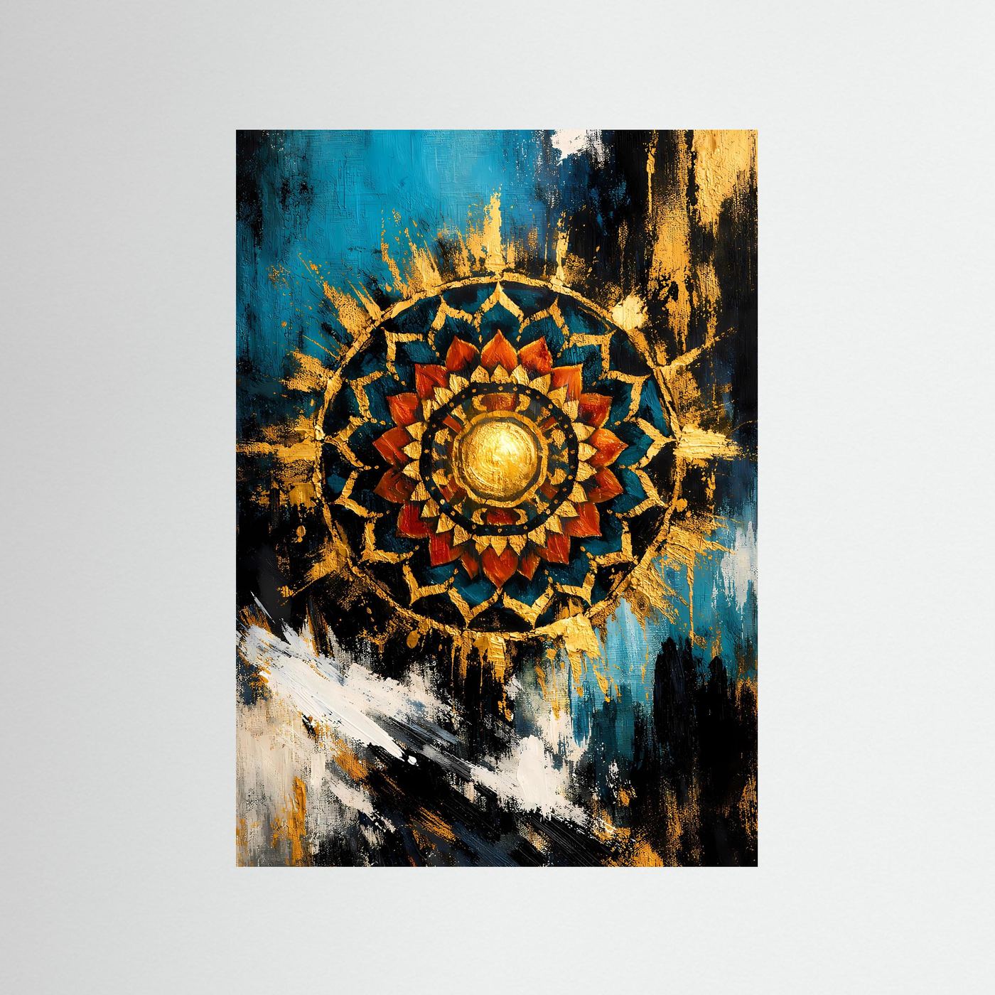 Abstraktes Mandala-Wandbild mit goldener Sonne, türkis-blau und dunkel