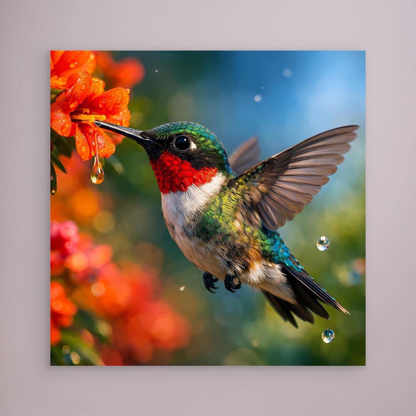 Leinwand Kolibri im Blütenrausch | Farbenfrohes Vogel Natur Wandbild