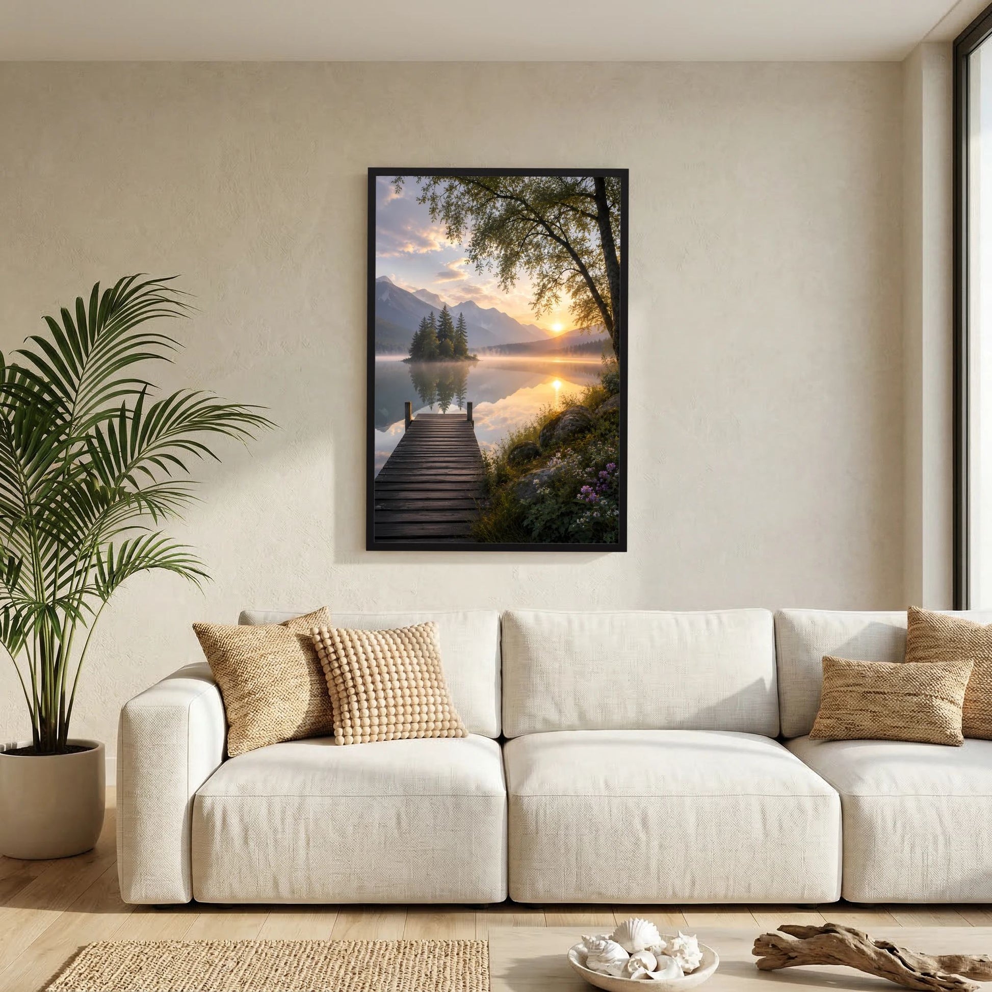 Bergsee mit Holzsteg | Sonnenuntergang in ruhiger Berglandschaft | Poster Hochformat